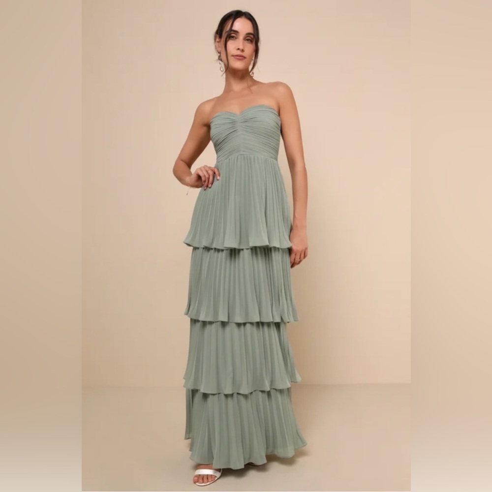 Lulu's Sage Green Strapless Tiered Pleated Maxi Dress